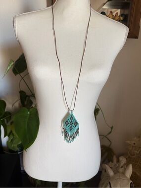 Vintage Turquoise & Black Beaded Fringe Pendant Necklace